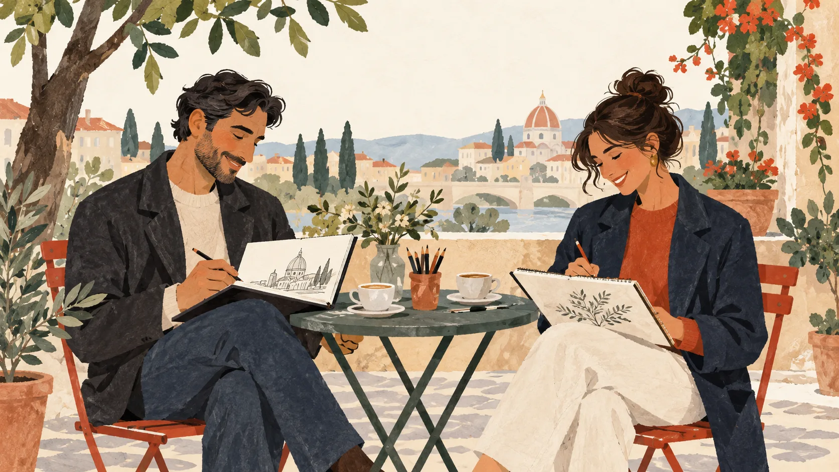 Two adults sketching together at an outdoor café table