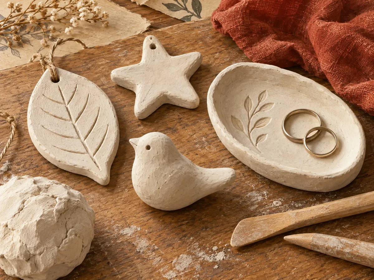 Small unglazed clay ornaments and sculpting tools on a work surface