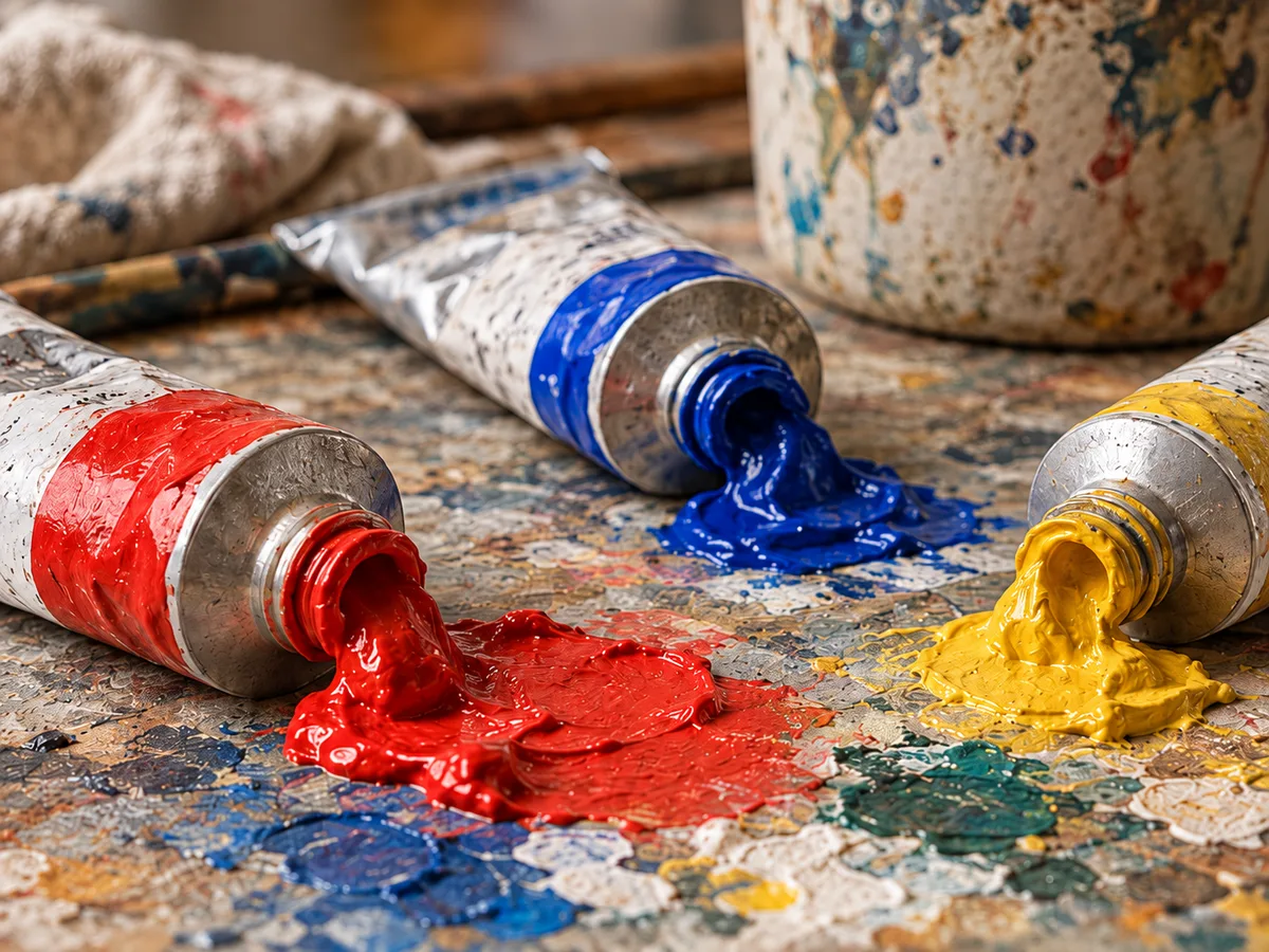 Three silver paint tubes with red, blue and yellow paint on a work surface