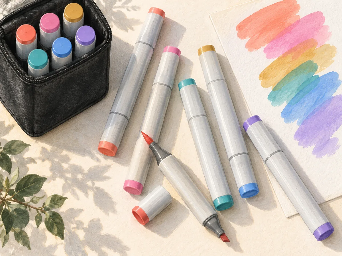 Illustrated dual-tip art markers beside a sheet of color swatches