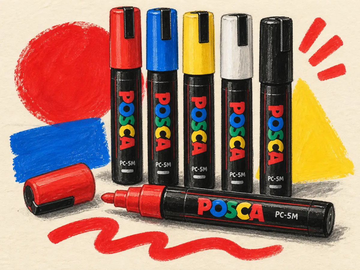 Illustrated POSCA PC-5M paint markers with red, blue and yellow swatches